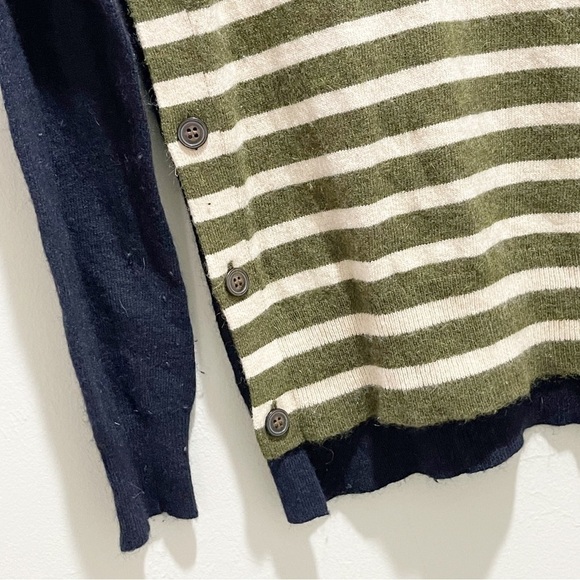 J CREW Women’s Navy Green Side Button Wool Blend Striped Sweater Elbow Patch XS - Picture 6 of 10